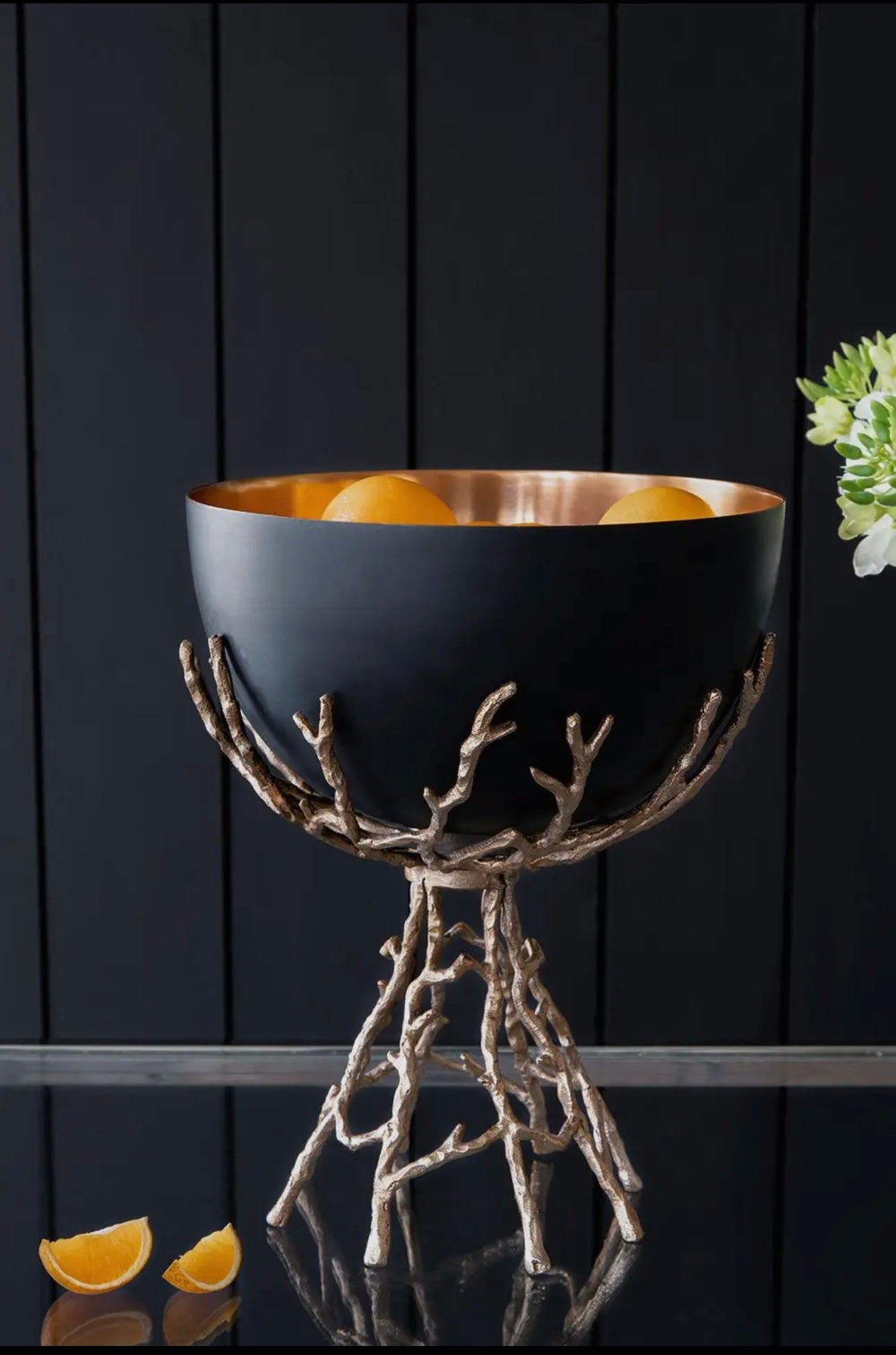 Svart & guld dekorativ aluminiumskål 11 * 13" med kvistställ